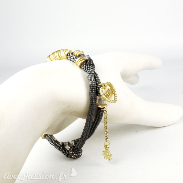 Bracelet Cheny's double rangs gris avec bijoux dorés