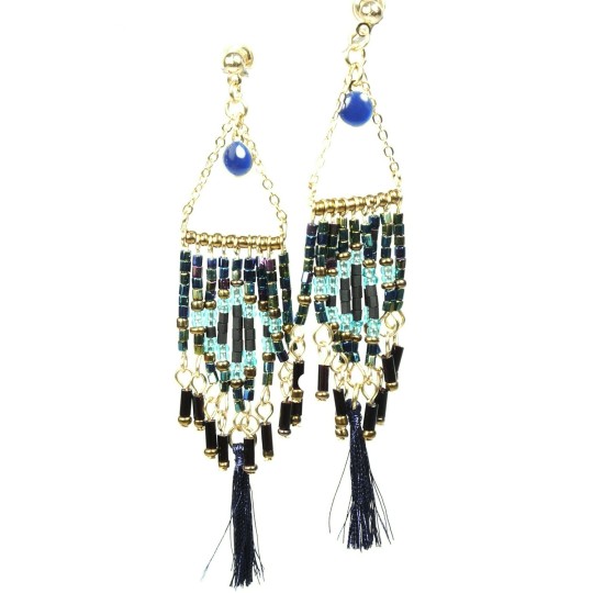Boucles d'oreilles pendantes Hippie Chic perles bleu Charlotte & Alexandre 