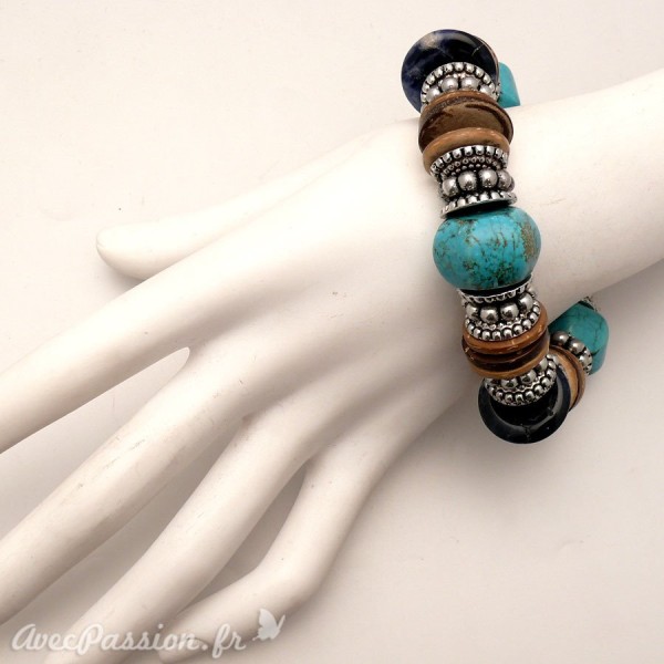 Bracelet fantaisie ethnique turquoise marron -
