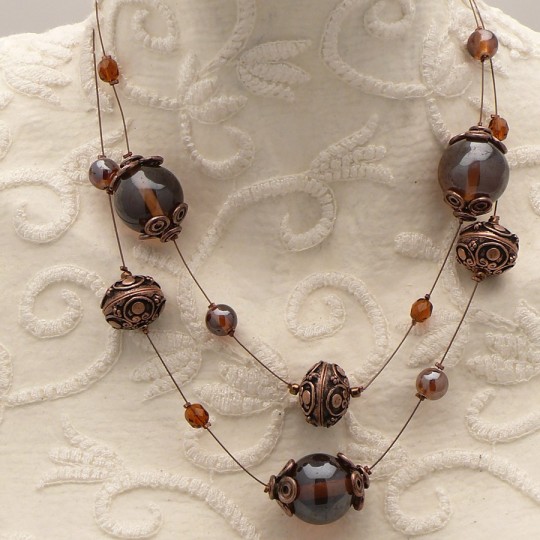 Collier fantaisie cable marron multi rangs perles cuivre marron