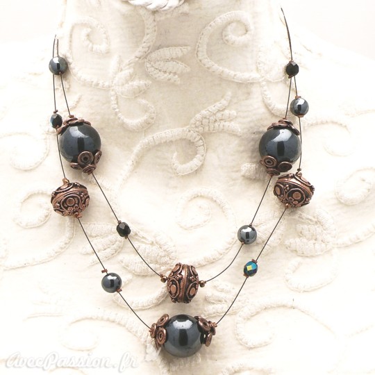 Collier fantaisie cable noir 2 rangs perles cuivre noir jet -